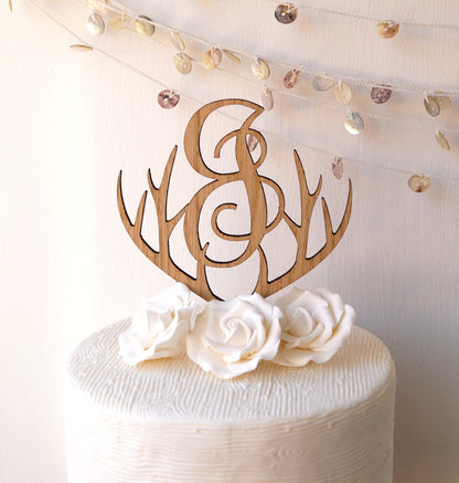 Rustic Wooden Antlers Monogram Wedding Cake Topper