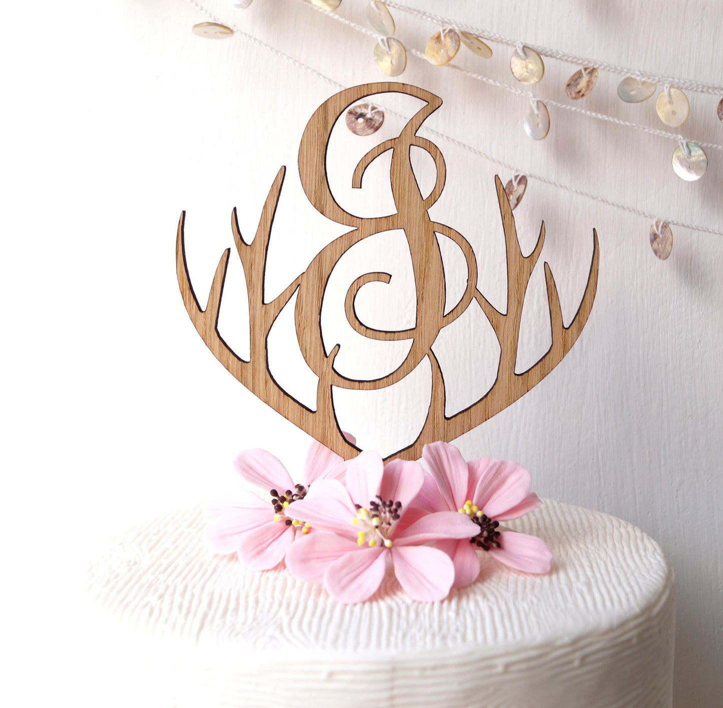 Wooden monogram cake topper, wedding cake topper, antlers rustic wooden cake topper, single monogram letter cake topper, cake decoration