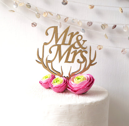 Rustic Wooden Mr and Mrs Cake Topper, Antlers Design