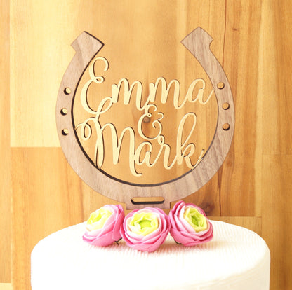 Rustic Wooden Horseshoe Wedding Cake Topper, Personalized Names