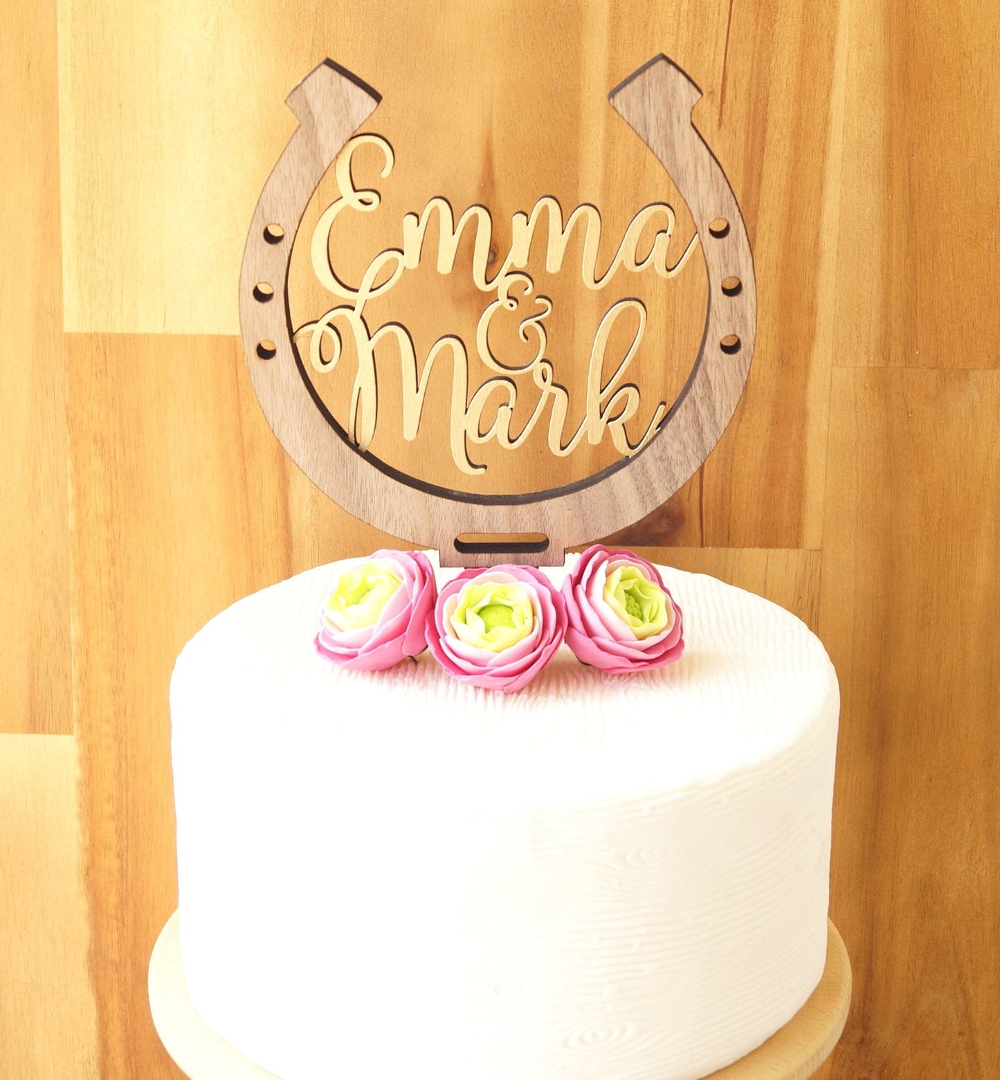 Rustic Wooden Horseshoe Wedding Cake Topper, Personalized Names