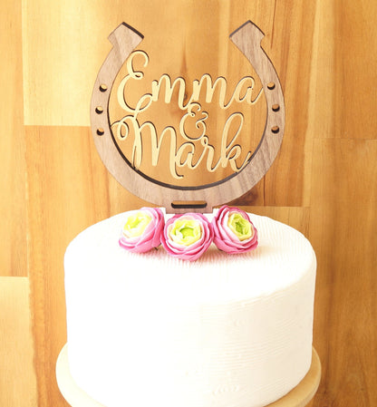 Rustic Wooden Horseshoe Wedding Cake Topper, Personalized Names