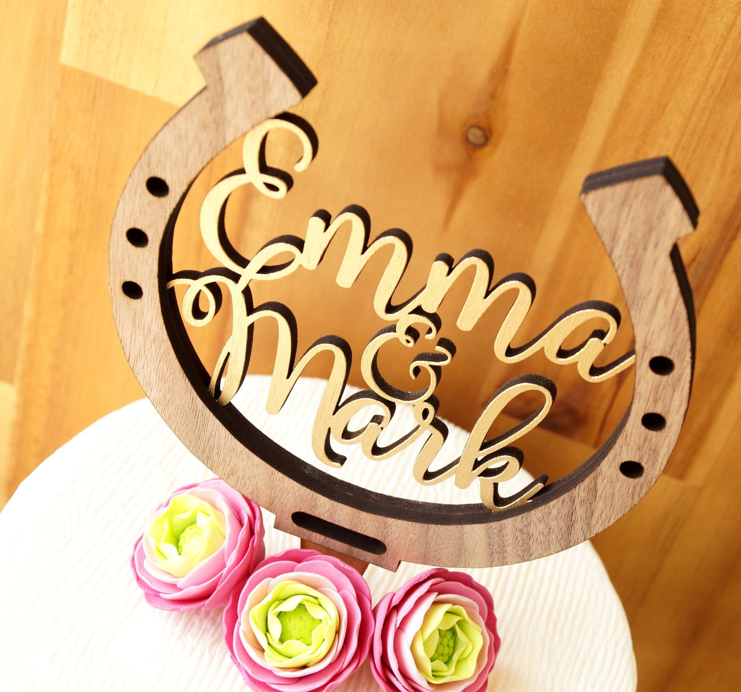 Rustic Wooden Horseshoe Wedding Cake Topper, Personalized Names