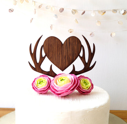 Rustic Wooden Deer Antlers Heart Wedding Cake Topper
