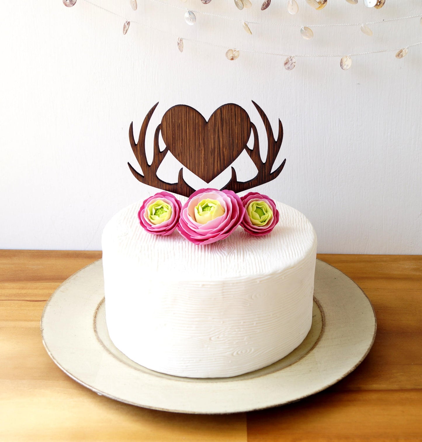 Rustic Wooden Deer Antlers Heart Wedding Cake Topper