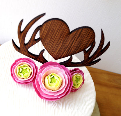 Rustic Wooden Deer Antlers Heart Wedding Cake Topper
