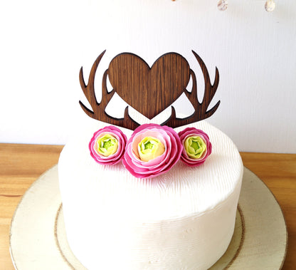 Rustic Wooden Deer Antlers Heart Wedding Cake Topper