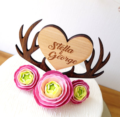 Personalized Wooden Cake Topper, Deer Antlers Heart, Rustic Wedding