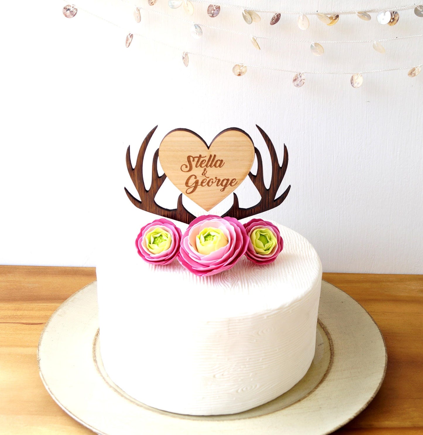 Personalized Wooden Cake Topper, Deer Antlers Heart, Rustic Wedding