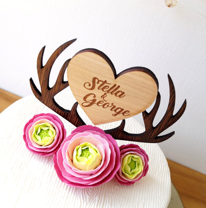Personalized Wooden Cake Topper, Deer Antlers Heart, Rustic Wedding
