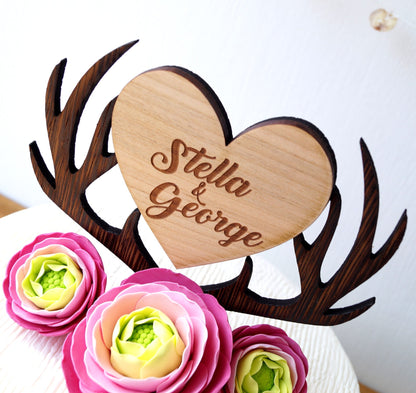 Personalized Wooden Cake Topper, Deer Antlers Heart, Rustic Wedding