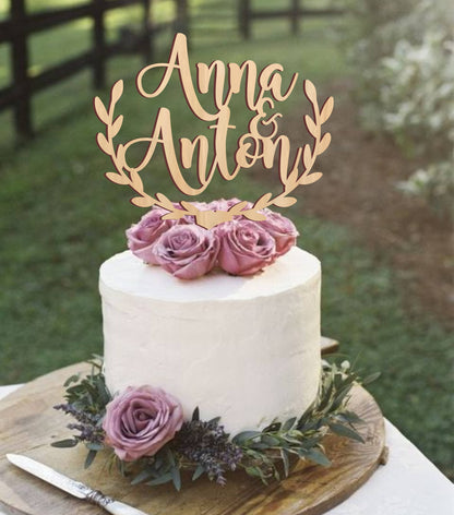 Personalized wedding cake topper, rustic wedding cake topper, wooden cake topper, names cake topper, leaf border topper, your wood choice