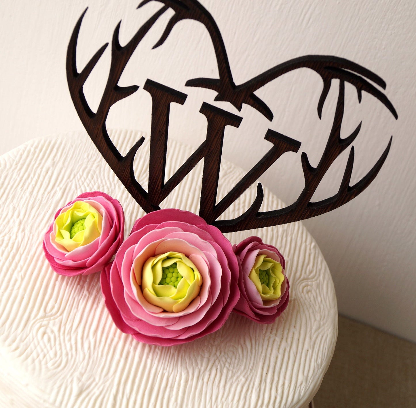 Rustic Wooden Antlers Heart Wedding Cake Topper, Single Monogram Letter