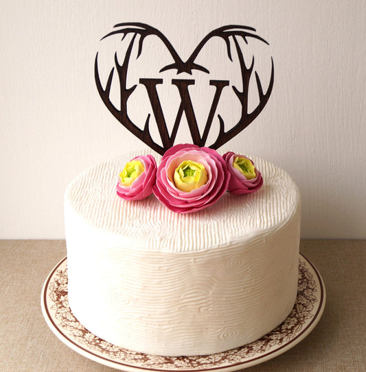 Rustic Wooden Antlers Heart Wedding Cake Topper, Single Monogram Letter
