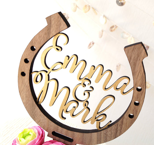 Rustic Wooden Horseshoe Wedding Cake Topper, Personalized Names