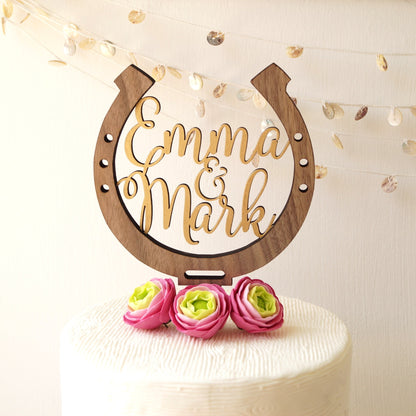 Rustic Wooden Horseshoe Wedding Cake Topper, Personalized Names