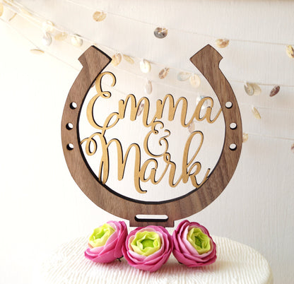 Rustic Wooden Horseshoe Wedding Cake Topper, Personalized Names