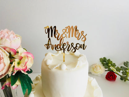 Personalized Gold Glitter Wedding Cake Topper with Custom Last Name - Mr and Mrs