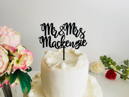 Personalized Gold Glitter Wedding Cake Topper with Custom Last Name - Mr and Mrs