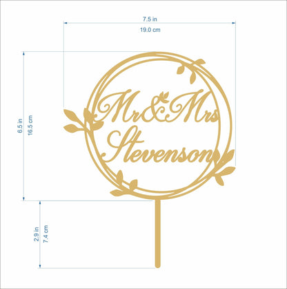 Personalized Mr & Mrs Wedding Cake Topper with Custom Last Name - Laurel Wreath Decor