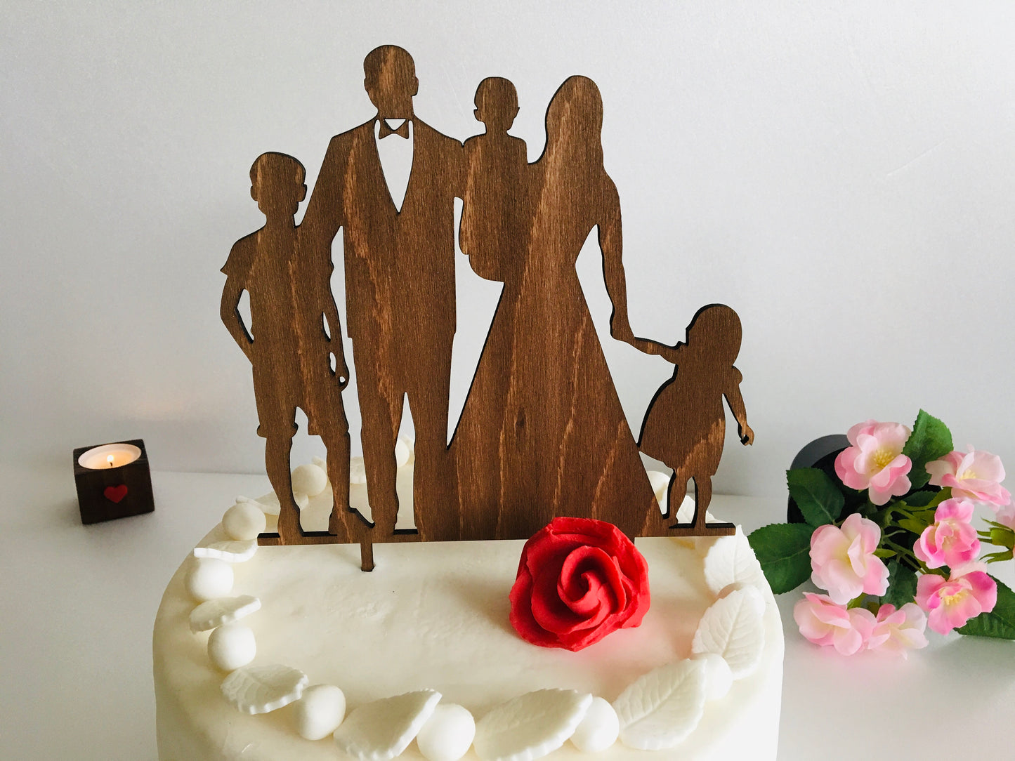 Personalized Family Wedding Cake Topper - Bride, Groom and Kids Silhouettes
