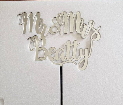 Personalized Gold Glitter Wedding Cake Topper with Custom Last Name - Mr and Mrs