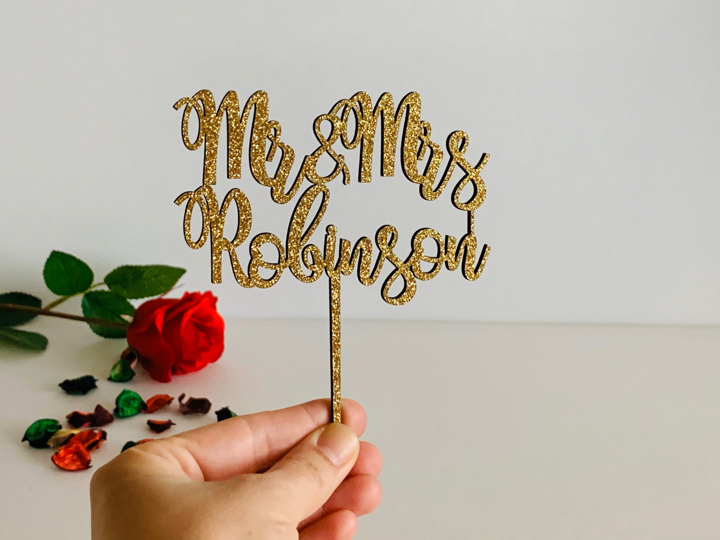 Personalized Gold Glitter Wedding Cake Topper with Custom Last Name - Mr and Mrs