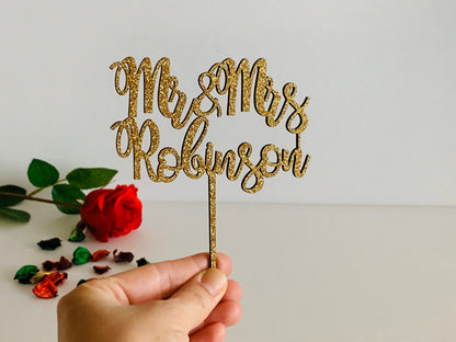 Personalized Gold Glitter Wedding Cake Topper with Custom Last Name - Mr and Mrs