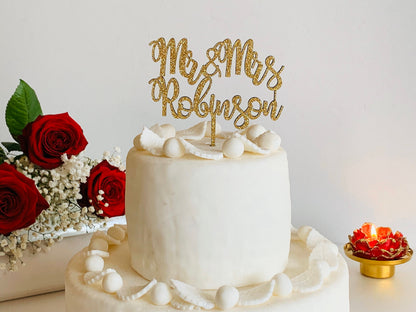 Personalized Gold Glitter Wedding Cake Topper with Custom Last Name - Mr and Mrs
