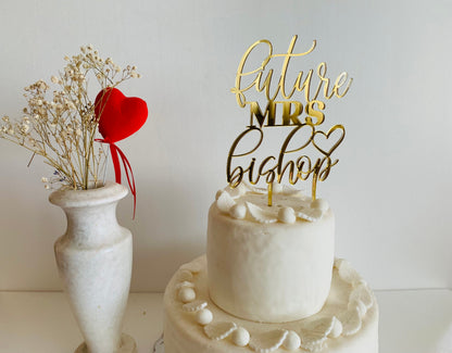 Personalized Future Mrs Cake Topper with Custom Name and Heart, Bridal Shower Cake Decor