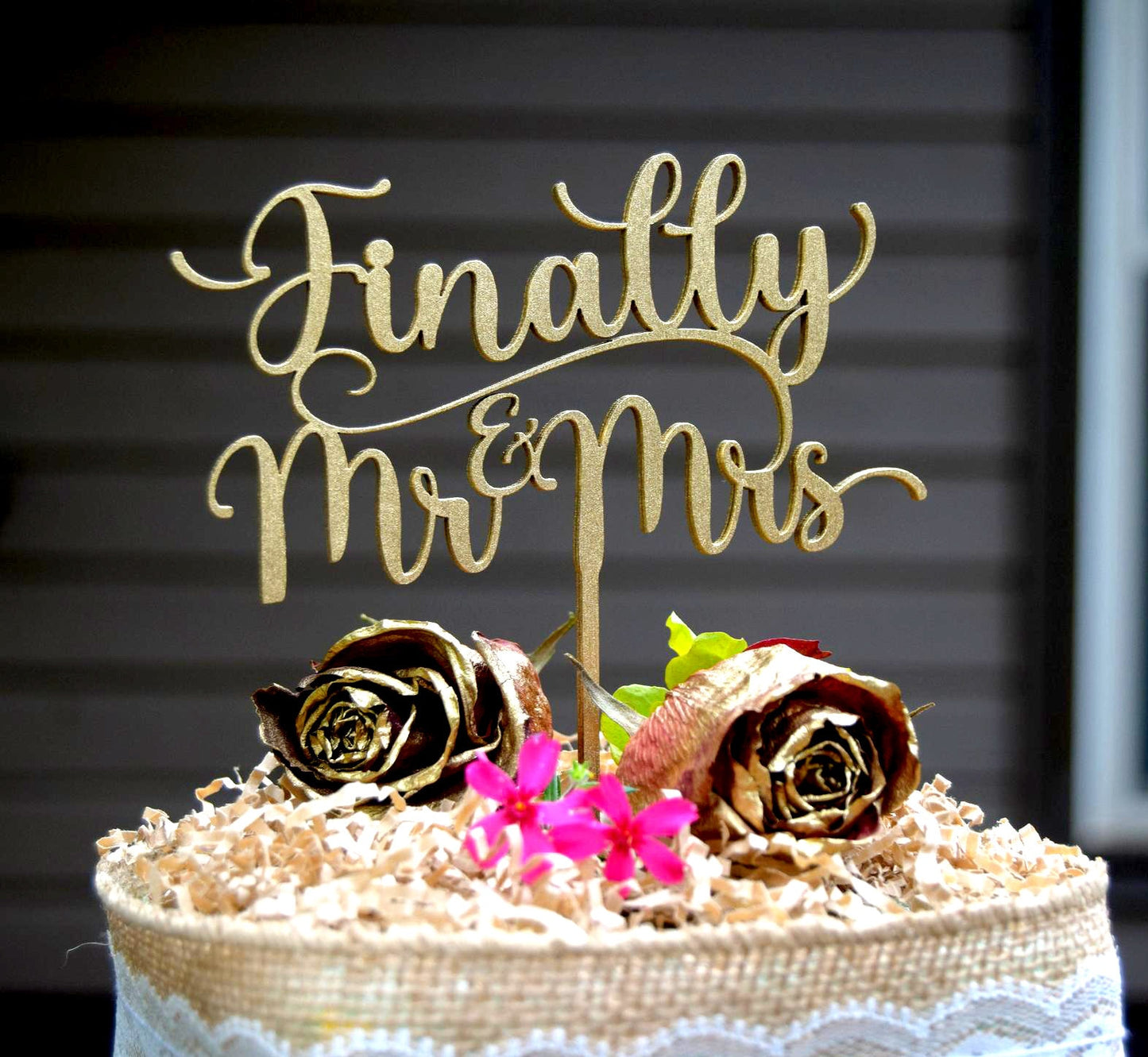 Finally Mr & Mrs Cake Topper: Champagne Gold Wedding Decor