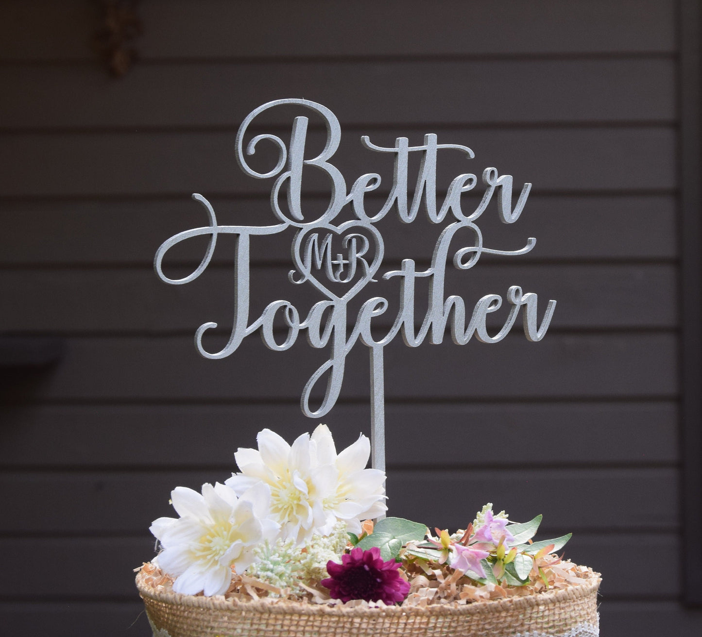 Better Together Wedding Cake Topper: Silver Metallic Finish, Custom Initials