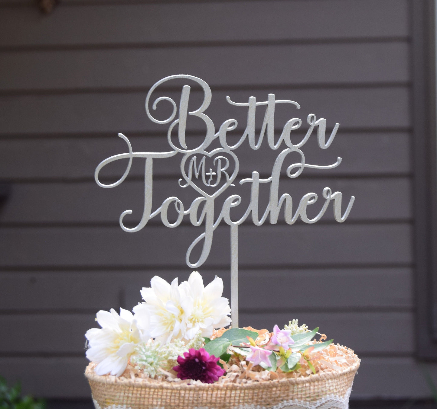 Better Together Wedding Cake Topper: Silver Metallic Finish, Custom Initials