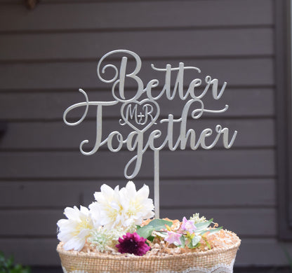 Better Together Wedding Cake Topper: Silver Metallic Finish, Custom Initials