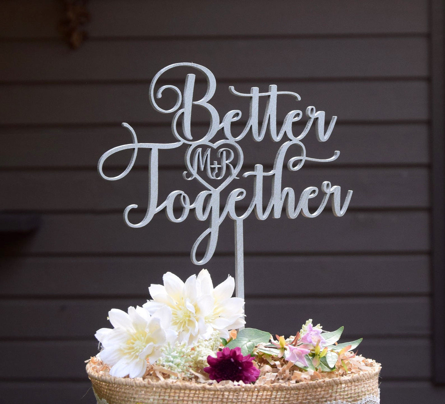 Better Together Wedding Cake Topper: Silver Metallic Finish, Custom Initials