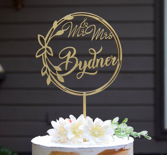 Personalized Mr & Mrs Last Name Cake Topper: Gold Wreath Wedding