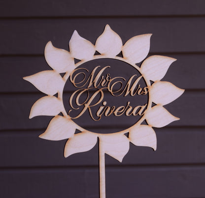 Sunflower Wedding Cake Topper: Rustic Floral Wood Decor