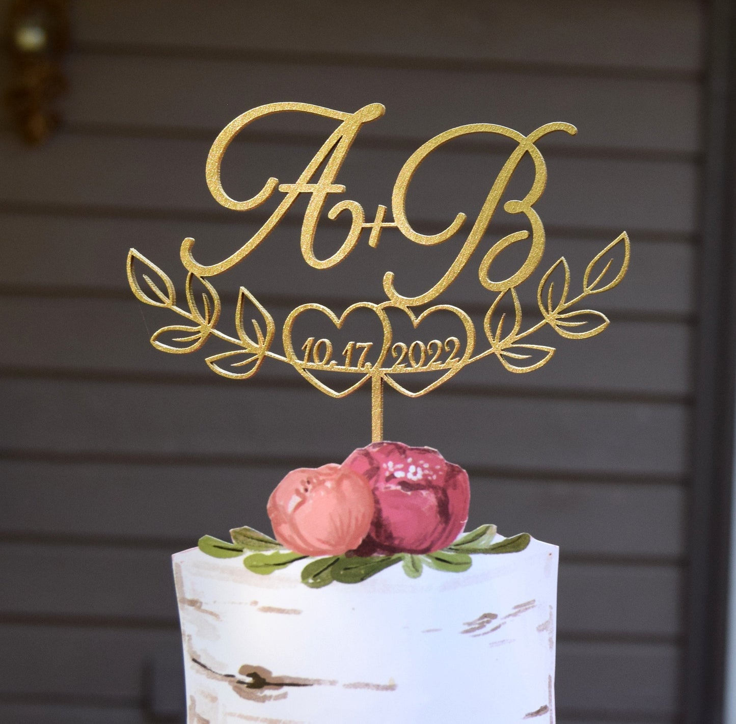 Monogram Wedding Cake Topper: Initial Letters, Half Leaf, Rustic Decor