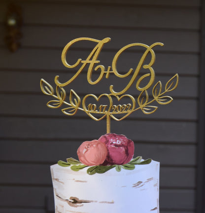 Monogram Wedding Cake Topper: Initial Letters, Half Leaf, Rustic Decor