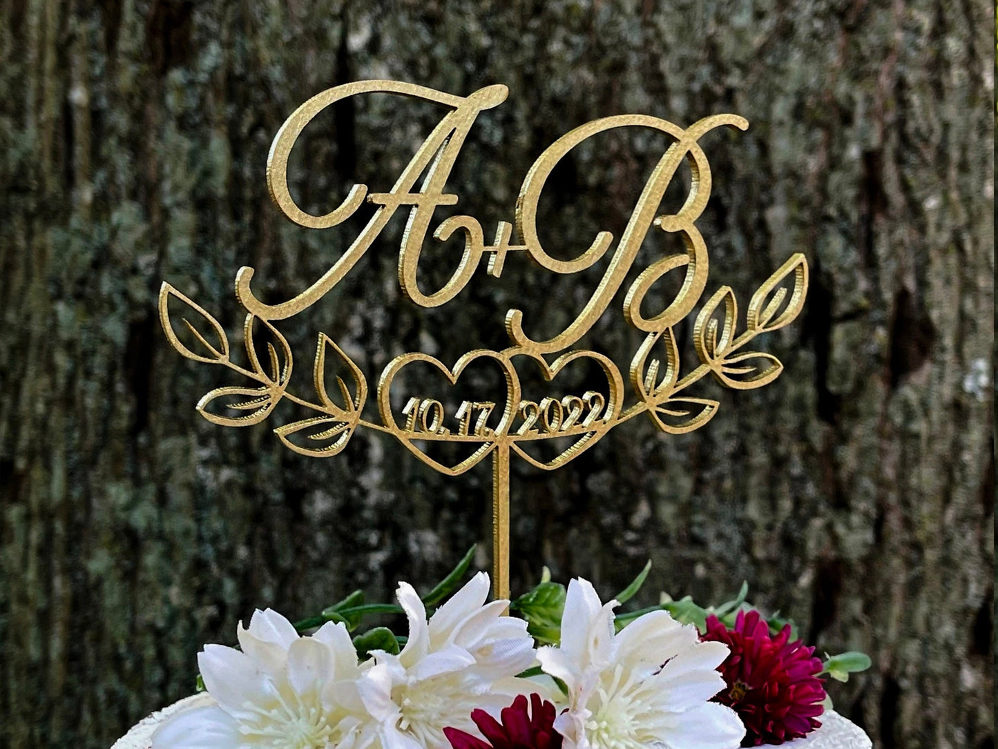 Monogram Wedding Cake Topper: Initial Letters, Half Leaf, Rustic Decor