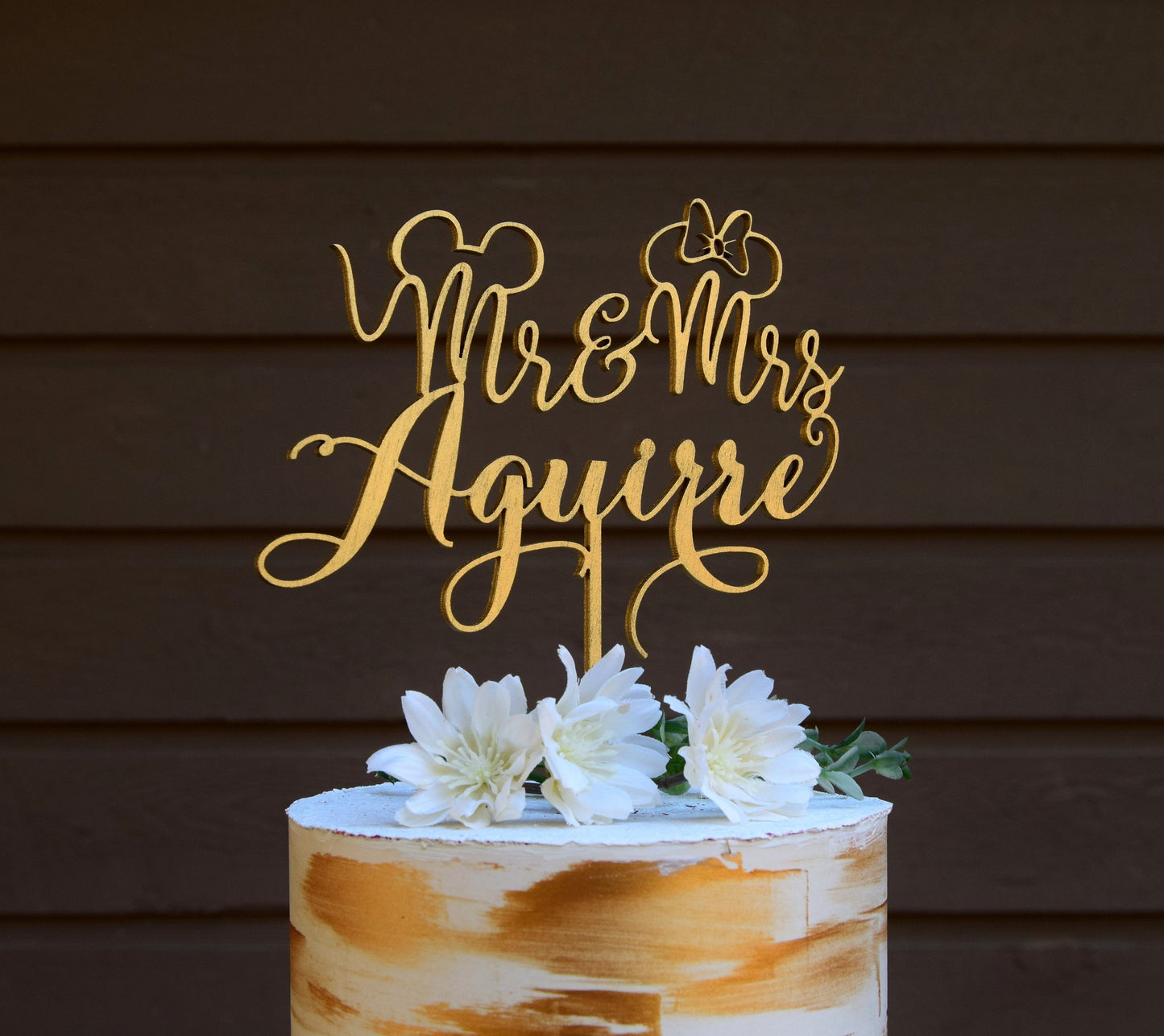 Mickey Mouse Wedding Cake Topper, Custom Mr & Mrs, Gold Wood