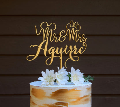 Mickey Mouse Wedding Cake Topper, Custom Mr & Mrs, Gold Wood