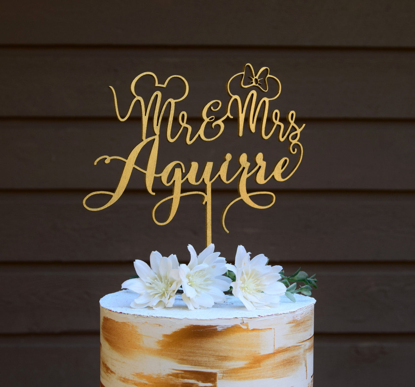 Mickey Mouse Wedding Cake Topper, Custom Mr & Mrs, Gold Wood