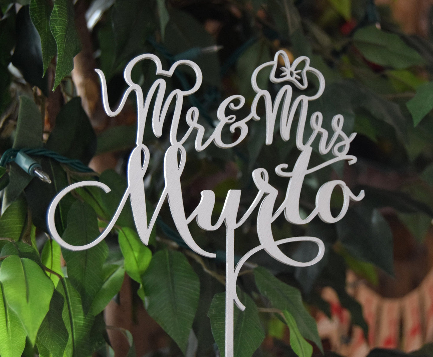 Mickey Mouse Wedding Cake Topper, Custom Mr & Mrs, Gold Wood