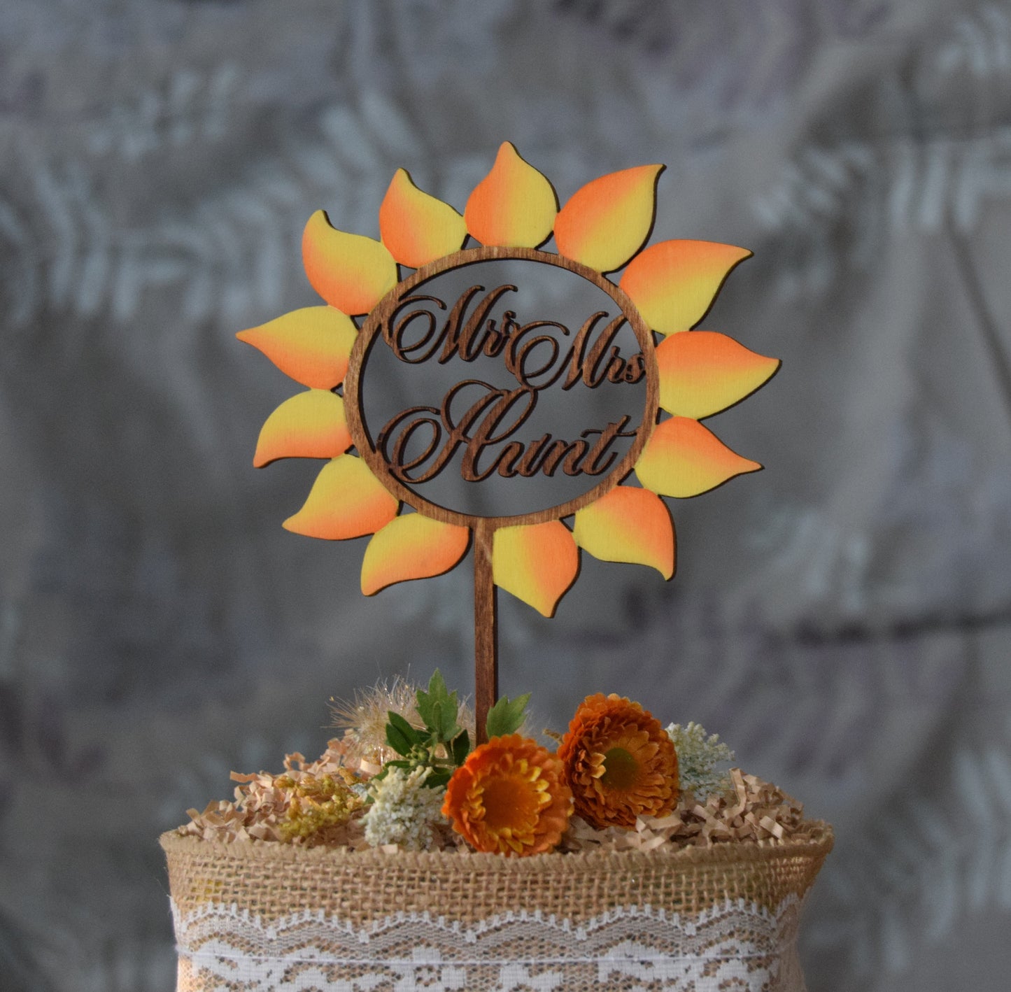 Sunflower Wedding Cake Topper: Rustic Floral Wood Decor