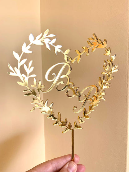Personalized Wedding Cake Topper - Heart Shape with Initials - Mr & Mrs Anniversary Decoration