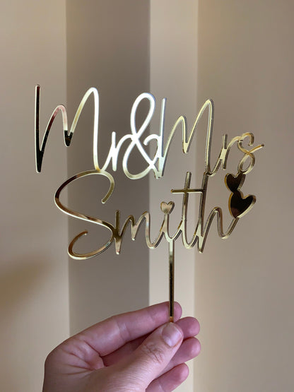 Gold Cake topper for Wedding, Personalized Mr & Mrs Last Name and Heart
