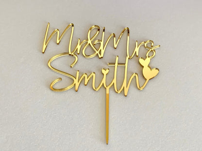 Gold Cake topper for Wedding, Personalized Mr & Mrs Last Name and Heart
