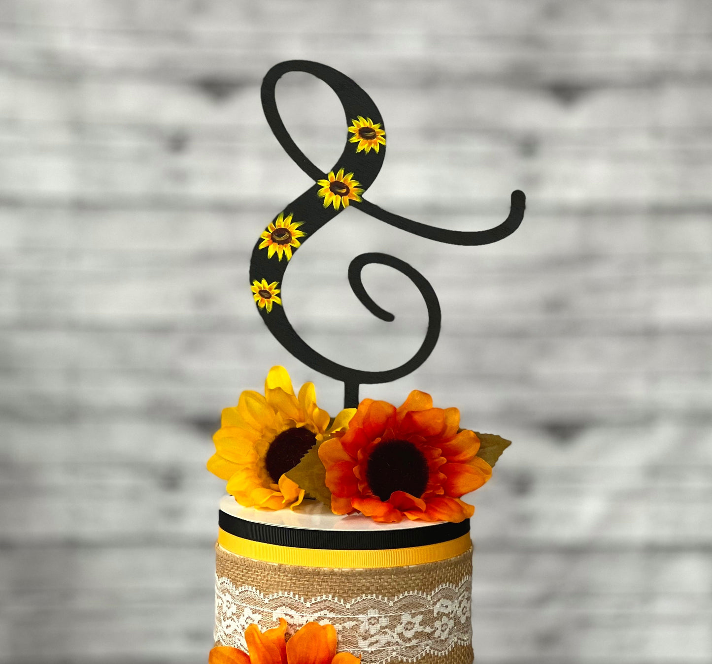 Sunflower Wedding Cake Topper: Personalized Initial Monogram, Hand-Painted