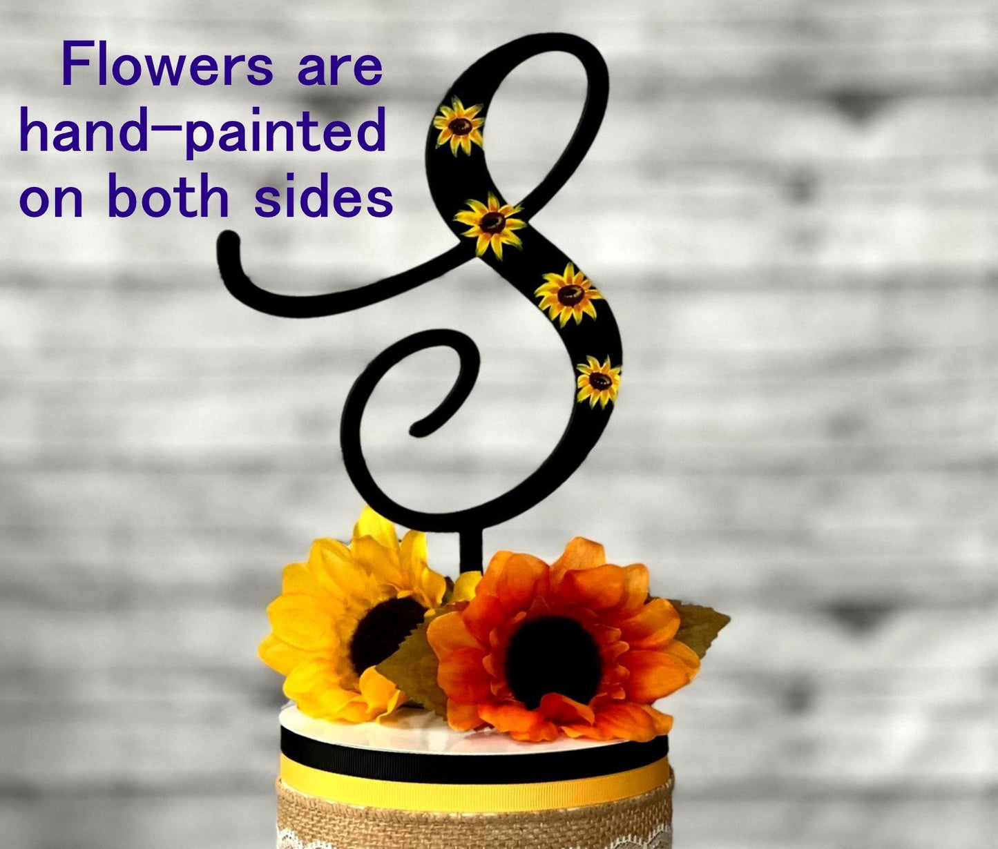 Sunflower Wedding Cake Topper: Personalized Initial Monogram, Hand-Painted
